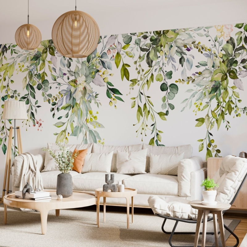Floral Wallpaper Peel and Stick | Watercolor floral arrangements with leaves and herbs