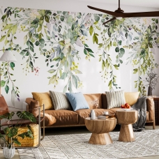 Floral Wallpaper Peel and Stick | Watercolor floral arrangements with leaves and herbs