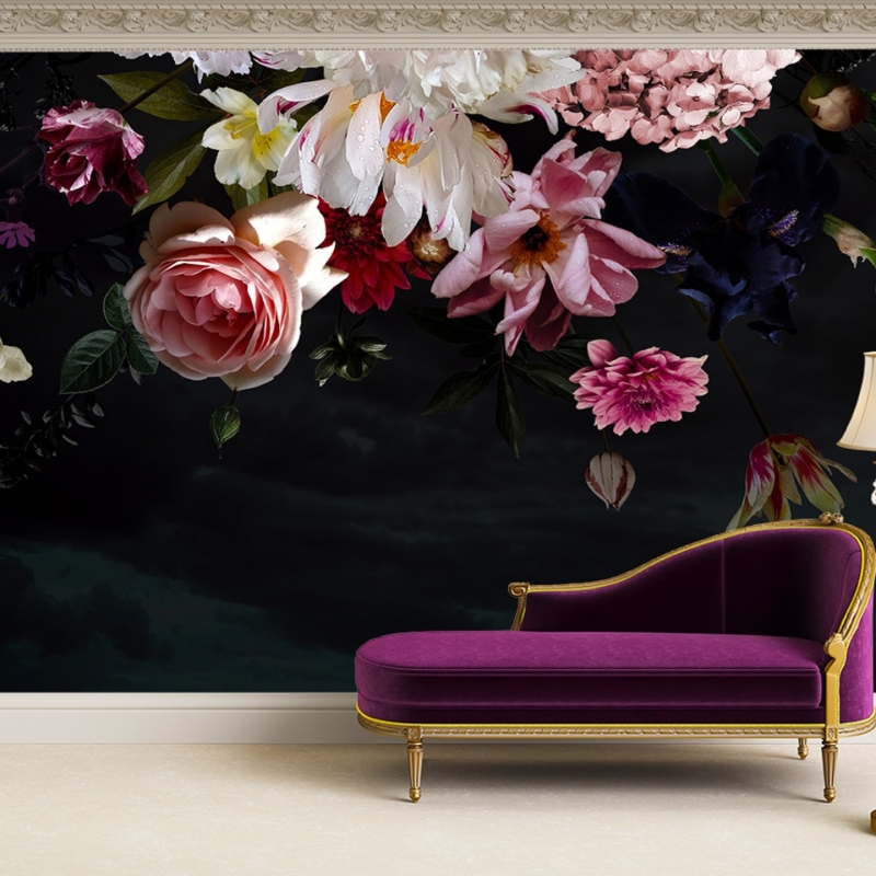 Dark Floral Wallpaper Peel and Stick l Big Watercolor Peony Flowers Wall mural l Temporary Wallpaper