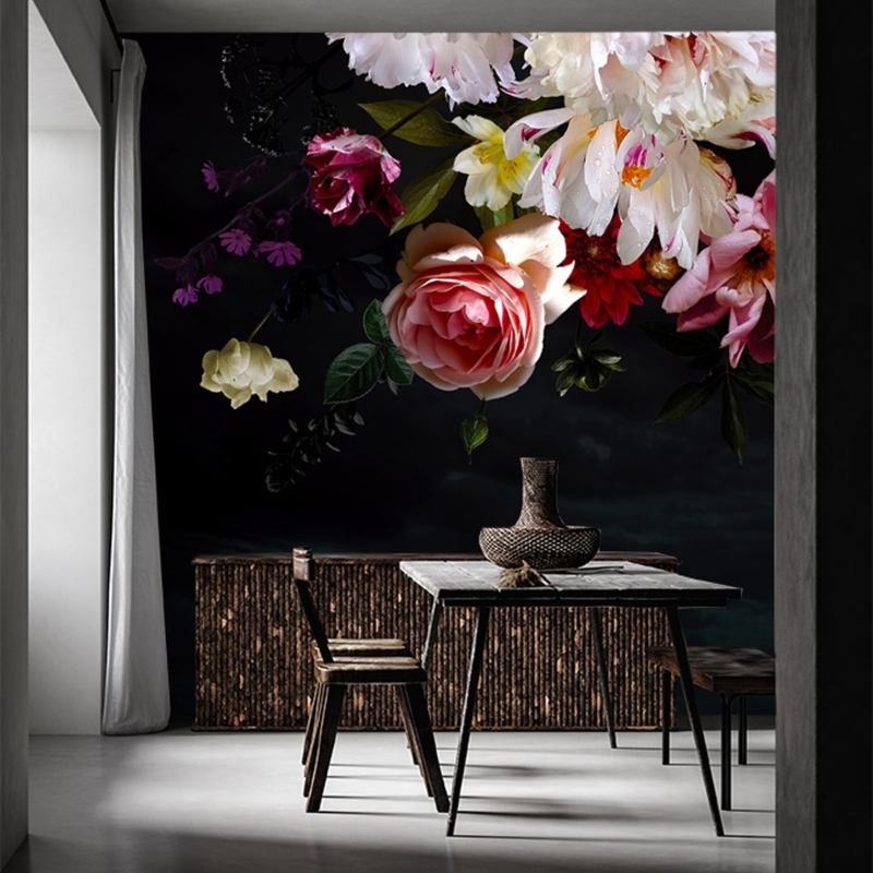 Dark Floral Wallpaper Peel and Stick l Big Watercolor Peony Flowers Wall mural l Temporary Wallpaper