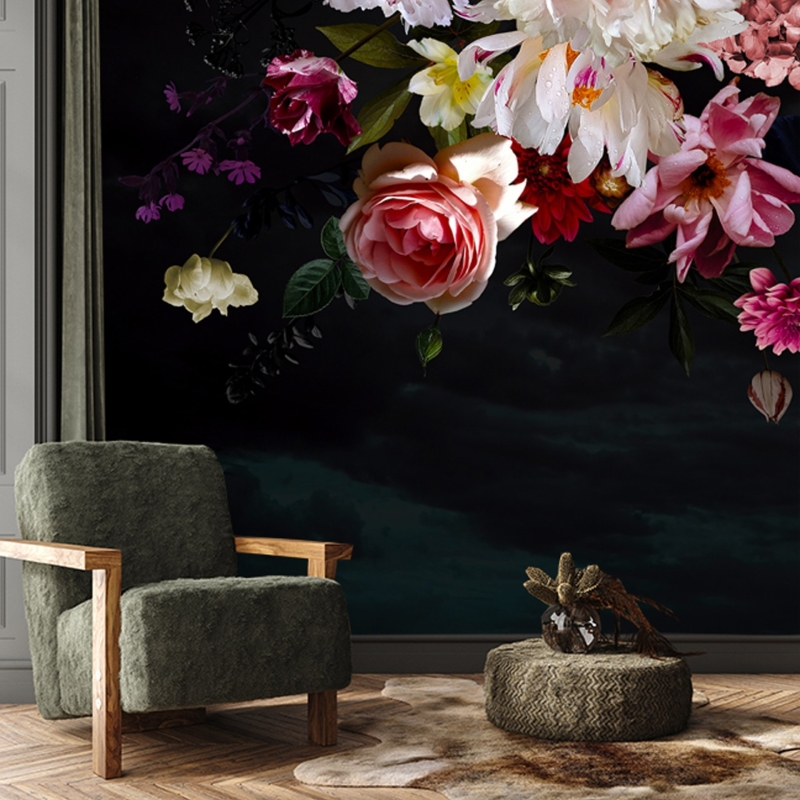 Dark Floral Wallpaper Peel and Stick l Big Watercolor Peony Flowers Wall mural l Temporary Wallpaper