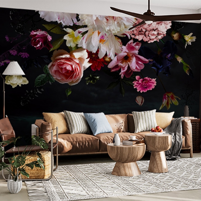 Dark Floral Wallpaper Peel and Stick l Big Watercolor Peony Flowers Wall mural l Temporary Wallpaper