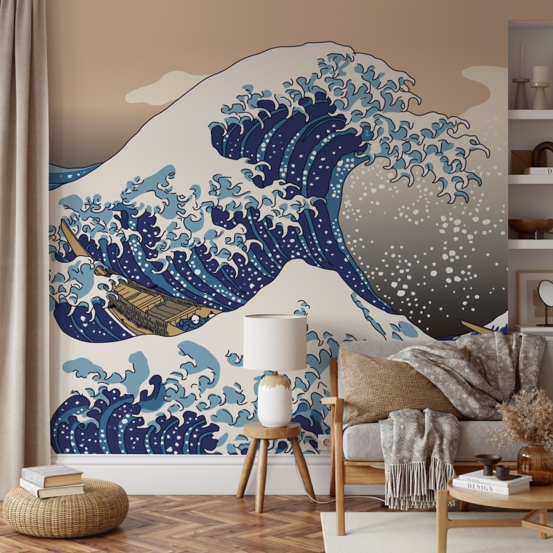 Wave Wallpaper Peel and Stick | Pink Blue Ocean Waves Wall Mural