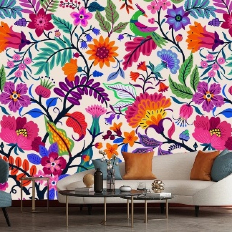 Colorful flowers and tropic leaves wallpaper, Adhesive Wallpaper, Wall mural, Removable, temporary wallpaper Peel & Stick