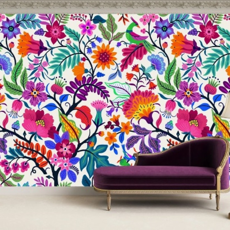 Colorful flowers and tropic leaves wallpaper, Adhesive Wallpaper, Wall mural, Removable, temporary wallpaper Peel & Stick