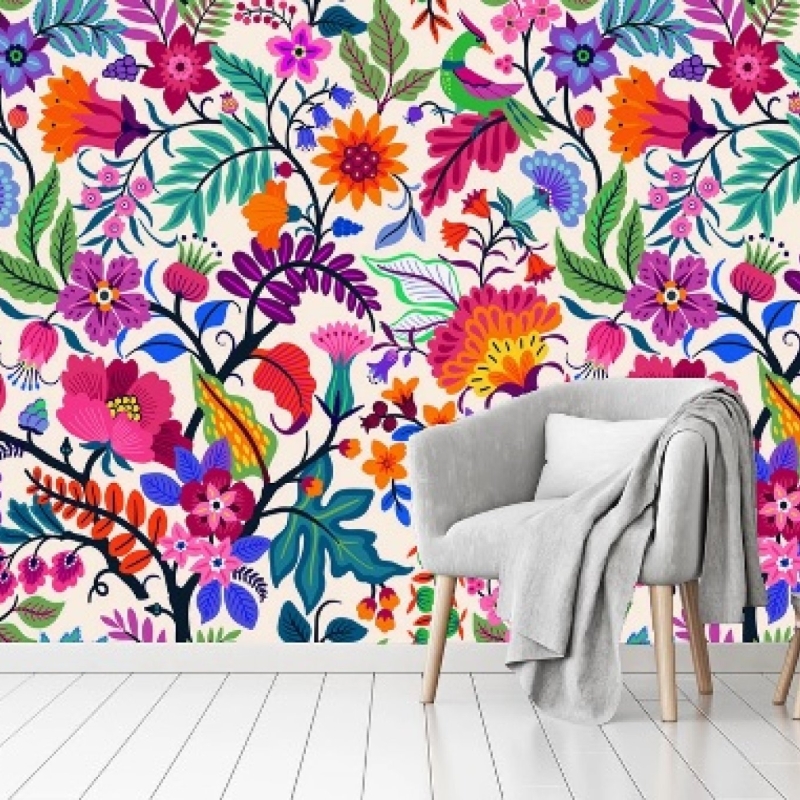 Colorful flowers and tropic leaves wallpaper, Adhesive Wallpaper, Wall mural, Removable, temporary wallpaper Peel & Stick