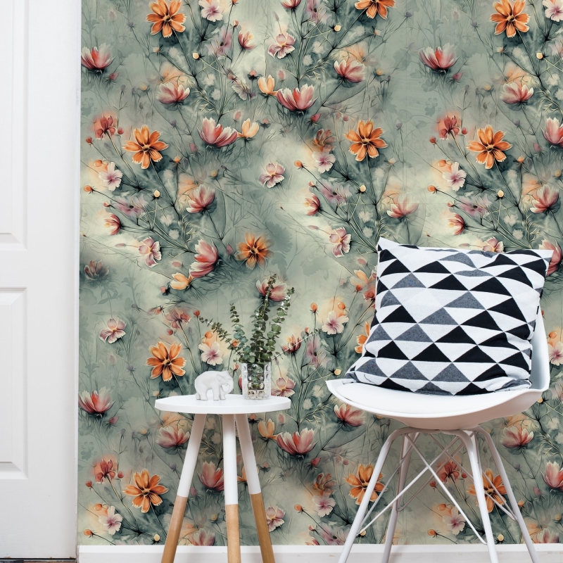 Colorful flowers and tropic leaves wallpaper, Adhesive Wallpaper, Wall mural, Removable, temporary wallpaper Peel & Stick