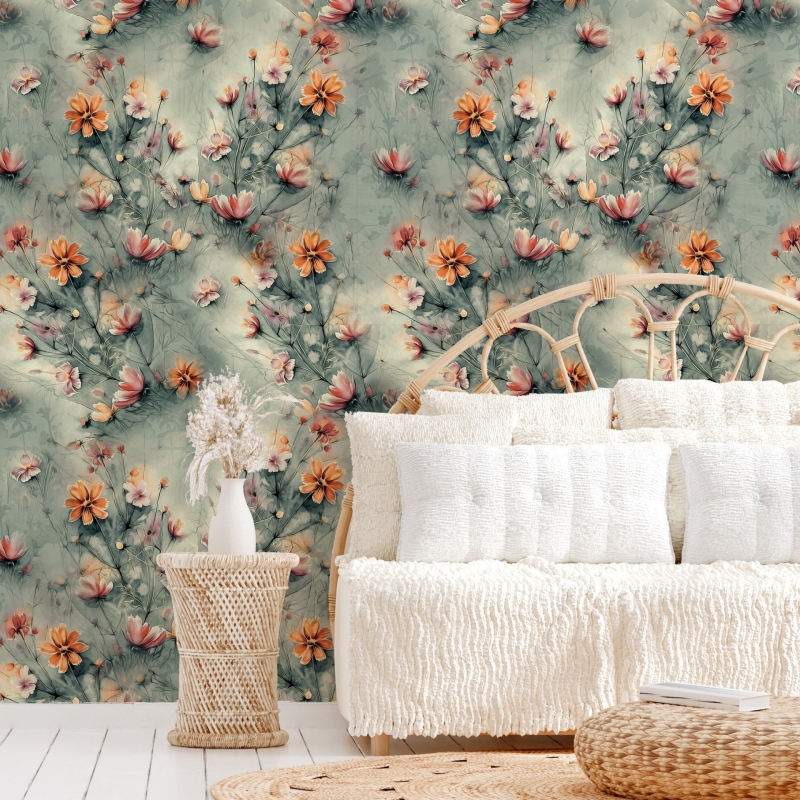 Colorful flowers and tropic leaves wallpaper, Adhesive Wallpaper, Wall mural, Removable, temporary wallpaper Peel & Stick