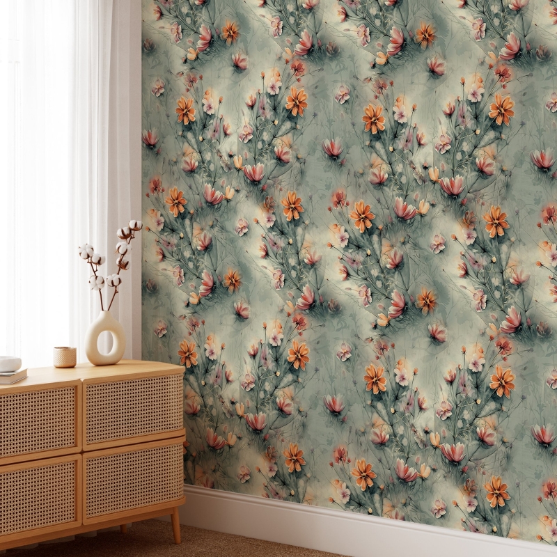 Colorful flowers and tropic leaves wallpaper, Adhesive Wallpaper, Wall mural, Removable, temporary wallpaper Peel & Stick