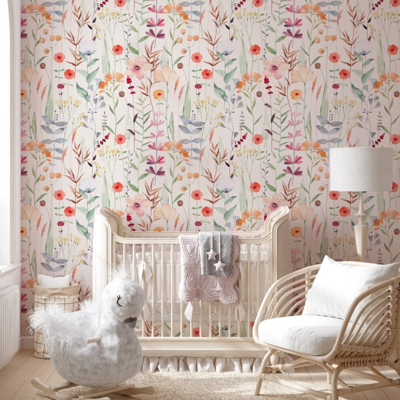 Watercolor Wild Flower Wallpaper l Soft Botanical Floral Wall Mural | Little Floral with Grass Wallpaper | Field Flowers Wall Mural