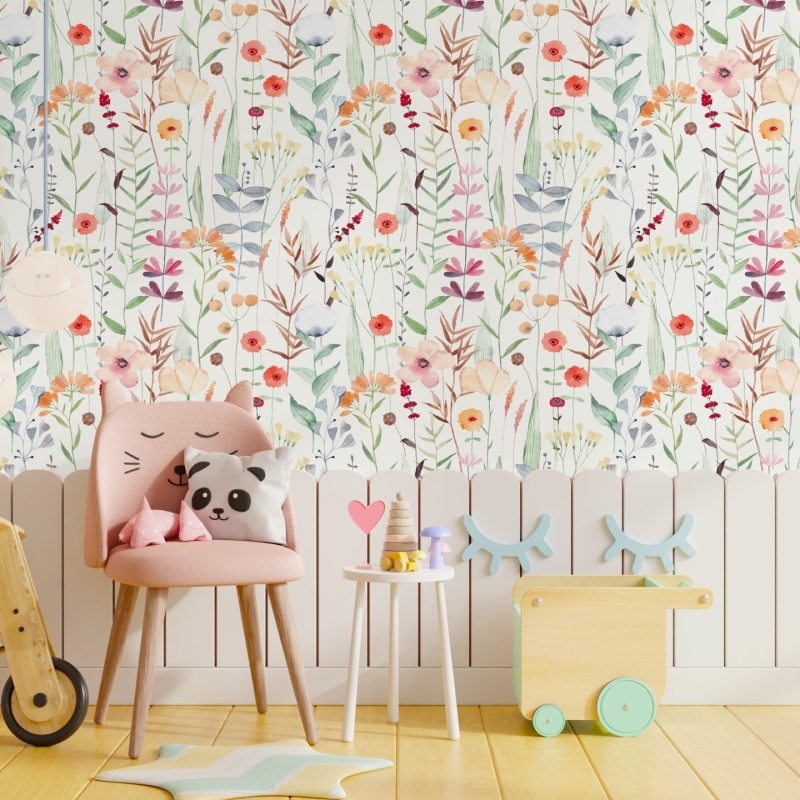 Watercolor Wild Flower Wallpaper l Soft Botanical Floral Wall Mural | Little Floral with Grass Wallpaper | Field Flowers Wall Mural