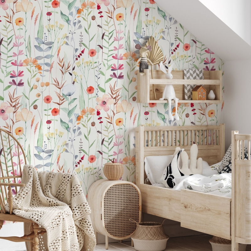 Watercolor Wild Flower Wallpaper l Soft Botanical Floral Wall Mural | Little Floral with Grass Wallpaper | Field Flowers Wall Mural