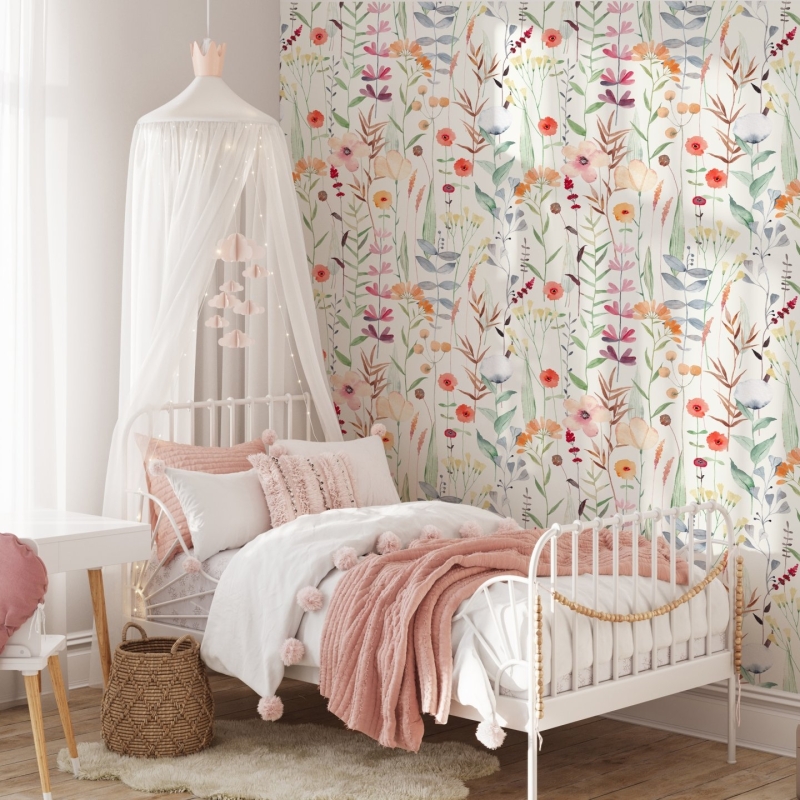 Watercolor Wild Flower Wallpaper l Soft Botanical Floral Wall Mural | Little Floral with Grass Wallpaper | Field Flowers Wall Mural