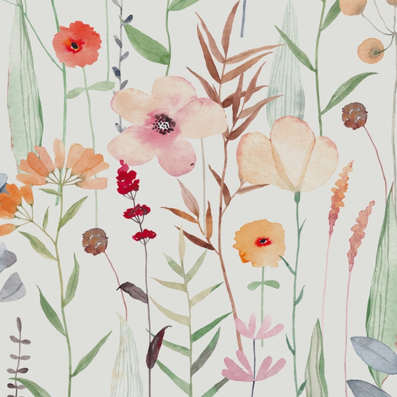 Watercolor Wild Flower Wallpaper l Soft Botanical Floral Wall Mural | Little Floral with Grass Wallpaper | Field Flowers Wall Mural