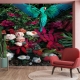Colorful tropical garden with blue parrot remove peel stick wallpaper, forest wallpaper, remove wallpaper, parrot, flowers, floral