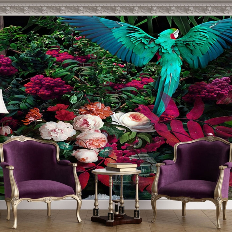 Colorful tropical garden with blue parrot remove peel stick wallpaper, forest wallpaper, remove wallpaper, parrot, flowers, floral
