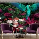 Colorful tropical garden with blue parrot remove peel stick wallpaper, forest wallpaper, remove wallpaper, parrot, flowers, floral