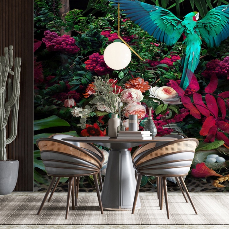 Colorful tropical garden with blue parrot remove peel stick wallpaper, forest wallpaper, remove wallpaper, parrot, flowers, floral