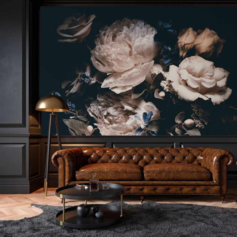 Dark Peony flowers wallpaper Mural - peony floral mural, Floral Wallpaper - Removable Wallpaper - Dark Floral wallpaper