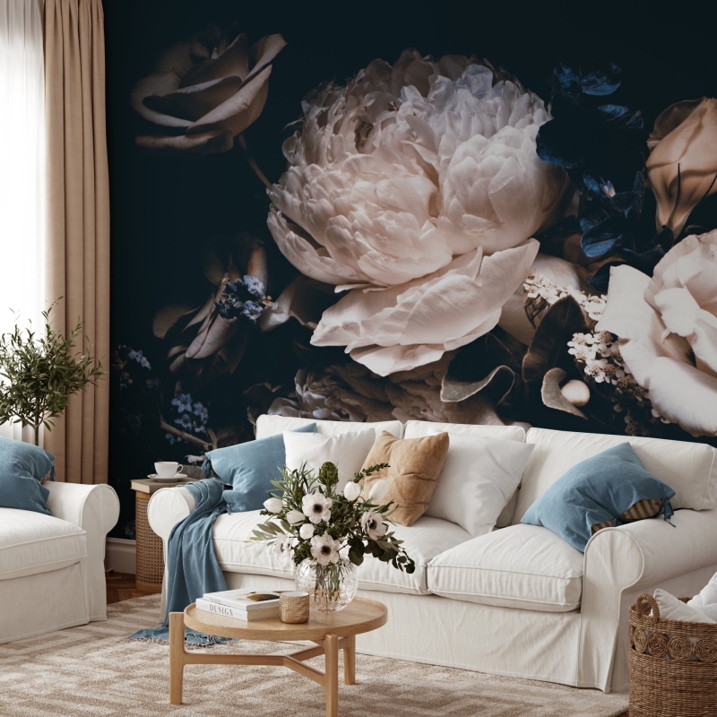 Dark Peony flowers wallpaper Mural - peony floral mural, Floral Wallpaper - Removable Wallpaper - Dark Floral wallpaper