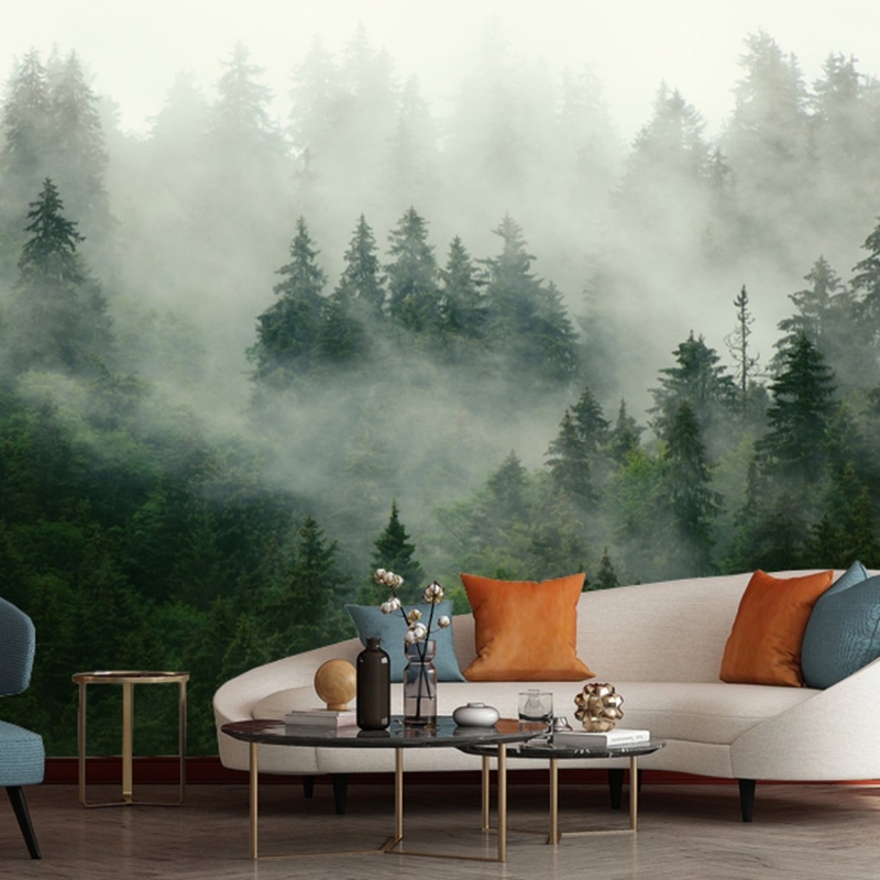 Foggy Forest Wallpaper - peel and stick, removable, Landscape Mural, Mountains, Wall Decoration, Wood, Nature, Forest Mural, Green Forest