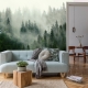 Foggy Forest Wallpaper - peel and stick, removable, Landscape Mural, Mountains, Wall Decoration, Wood, Nature, Forest Mural, Green Forest