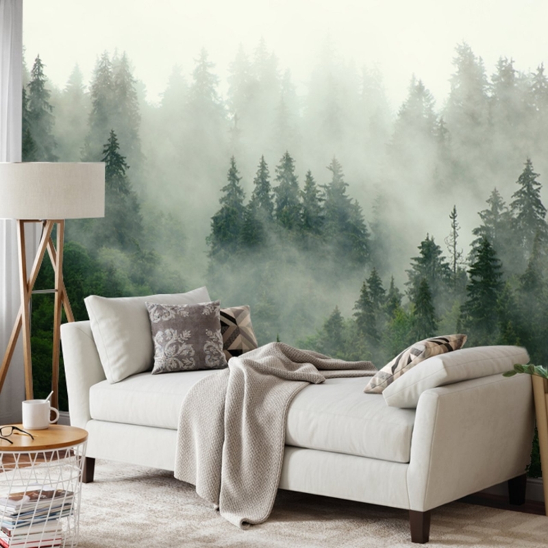 Foggy Forest Wallpaper - peel and stick, removable, Landscape Mural, Mountains, Wall Decoration, Wood, Nature, Forest Mural, Green Forest