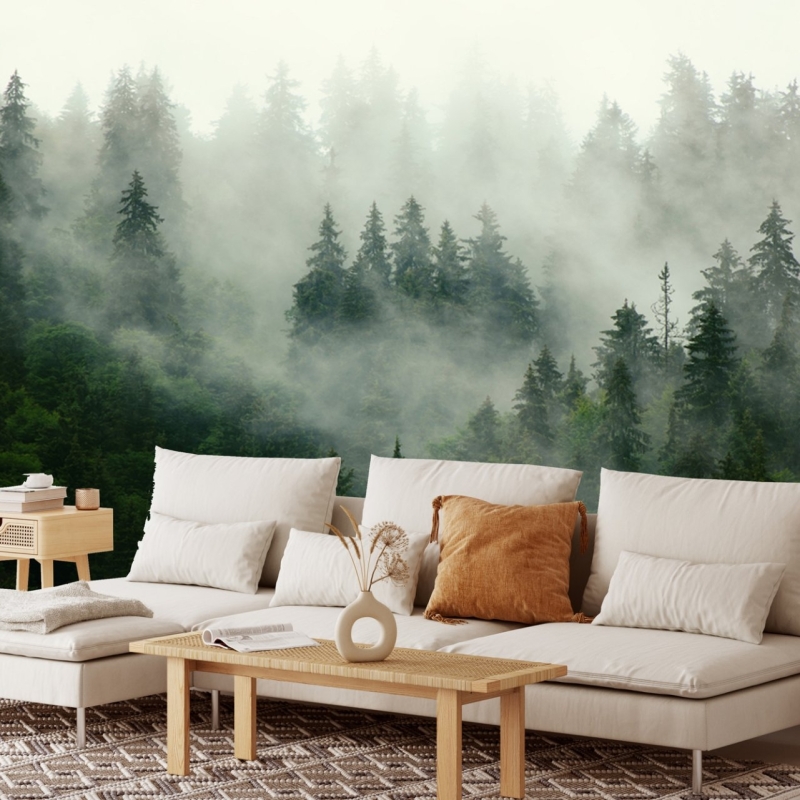 Foggy Forest Wallpaper - peel and stick, removable, Landscape Mural, Mountains, Wall Decoration, Wood, Nature, Forest Mural, Green Forest