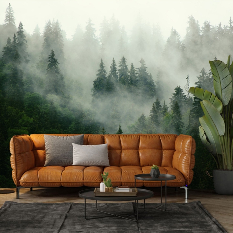 Foggy Forest Wallpaper - peel and stick, removable, Landscape Mural, Mountains, Wall Decoration, Wood, Nature, Forest Mural, Green Forest