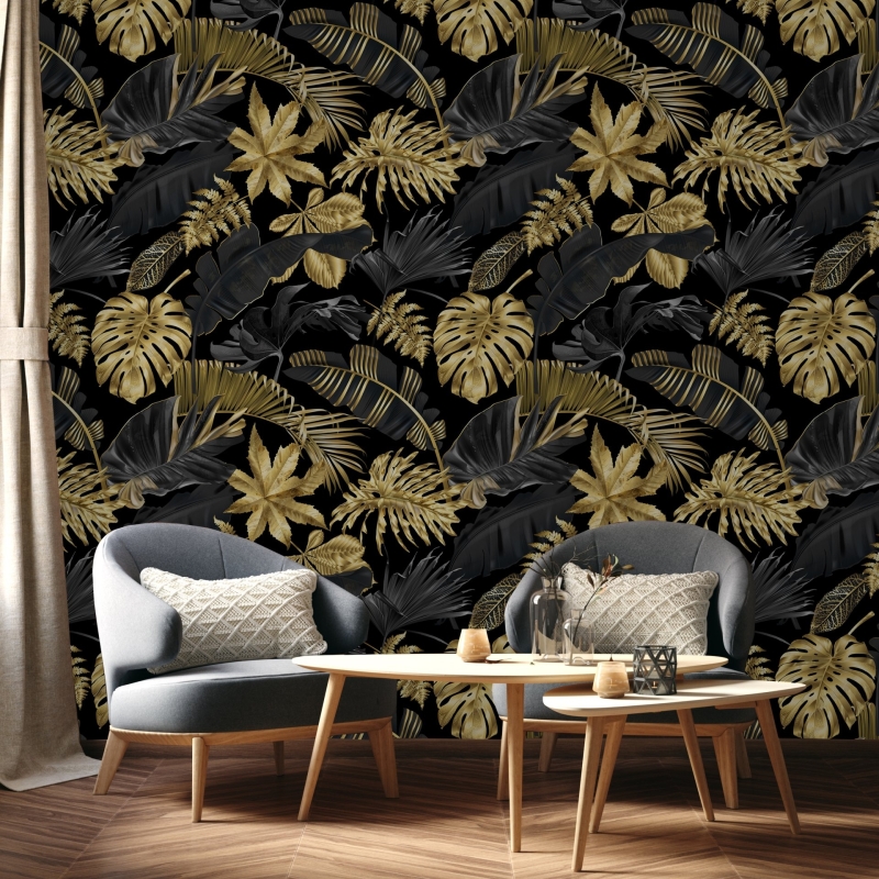Black and Gold leaves on dark background peel and stick removable wallpaper Gold color doesnt shine, it is matte