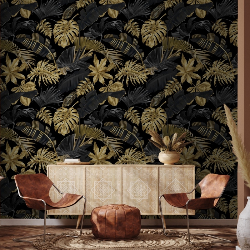Black and Gold leaves on dark background peel and stick removable wallpaper Gold color doesnt shine, it is matte