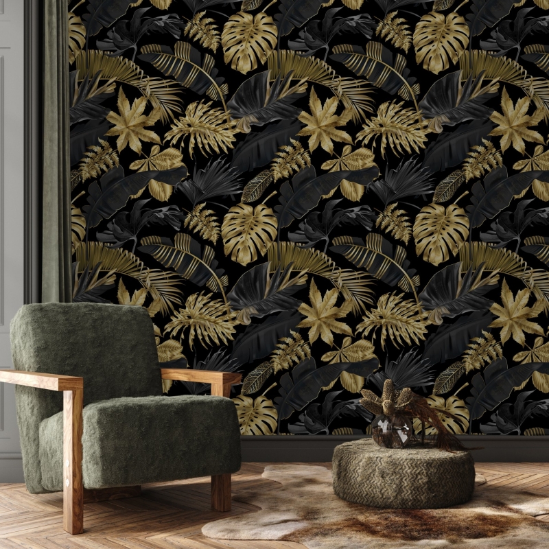 Black and Gold leaves on dark background peel and stick removable wallpaper Gold color doesnt shine, it is matte