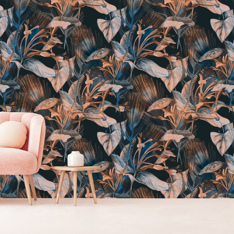 Dark floral Wallpaper, Peel and Stick, Large Flowers Wall Mural