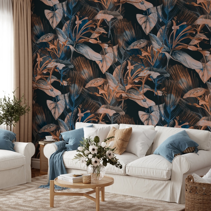Dark floral Wallpaper, Peel and Stick, Large Flowers Wall Mural