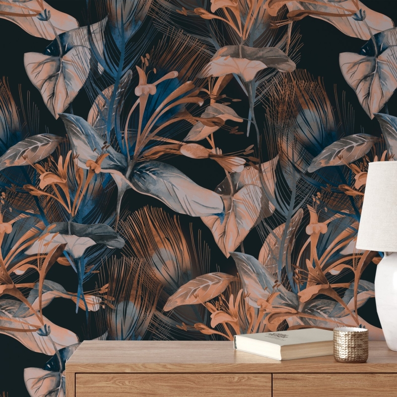 Dark floral Wallpaper, Peel and Stick, Large Flowers Wall Mural