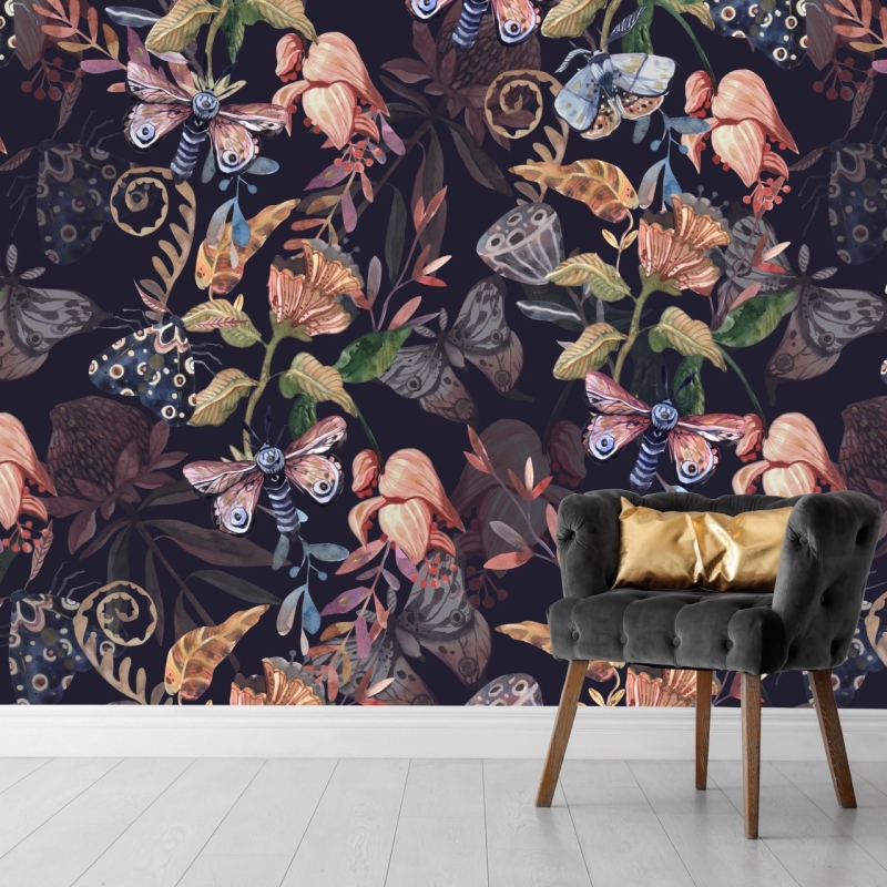 Dark Floral Wallpaper, Peel and Stick, Animal Wallpaper