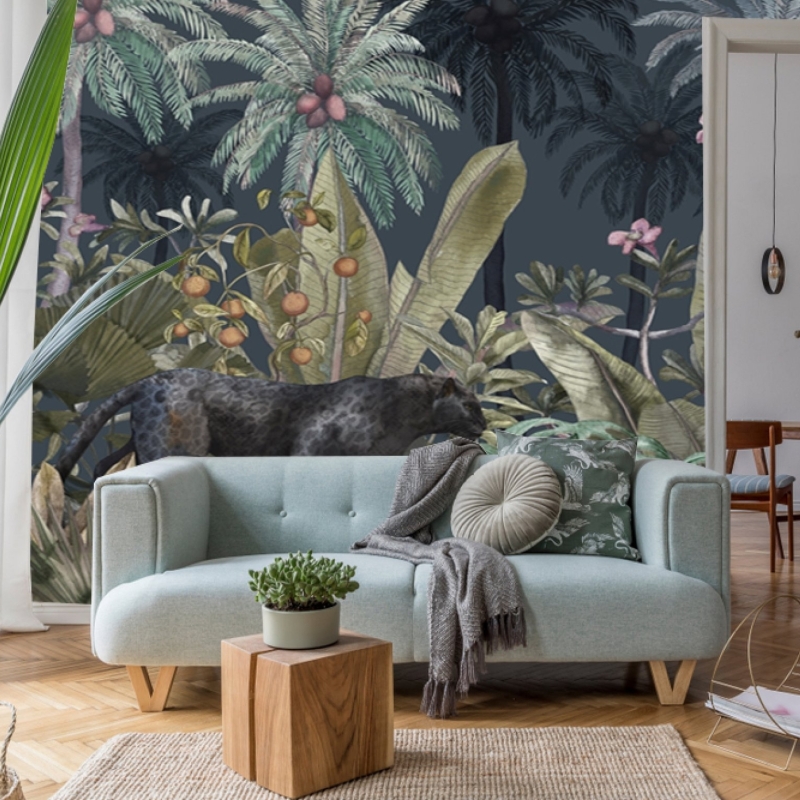 Black panther in the jungle Wallpaper,Tropical Leaves, Removable Wallpaper