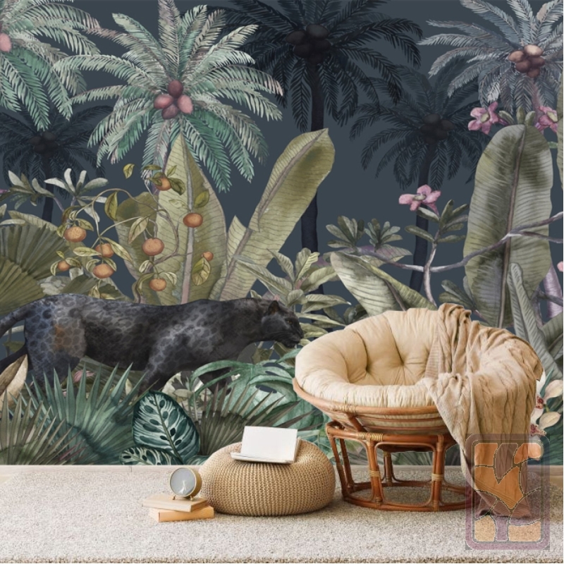 Black panther in the jungle Wallpaper,Tropical Leaves, Removable Wallpaper