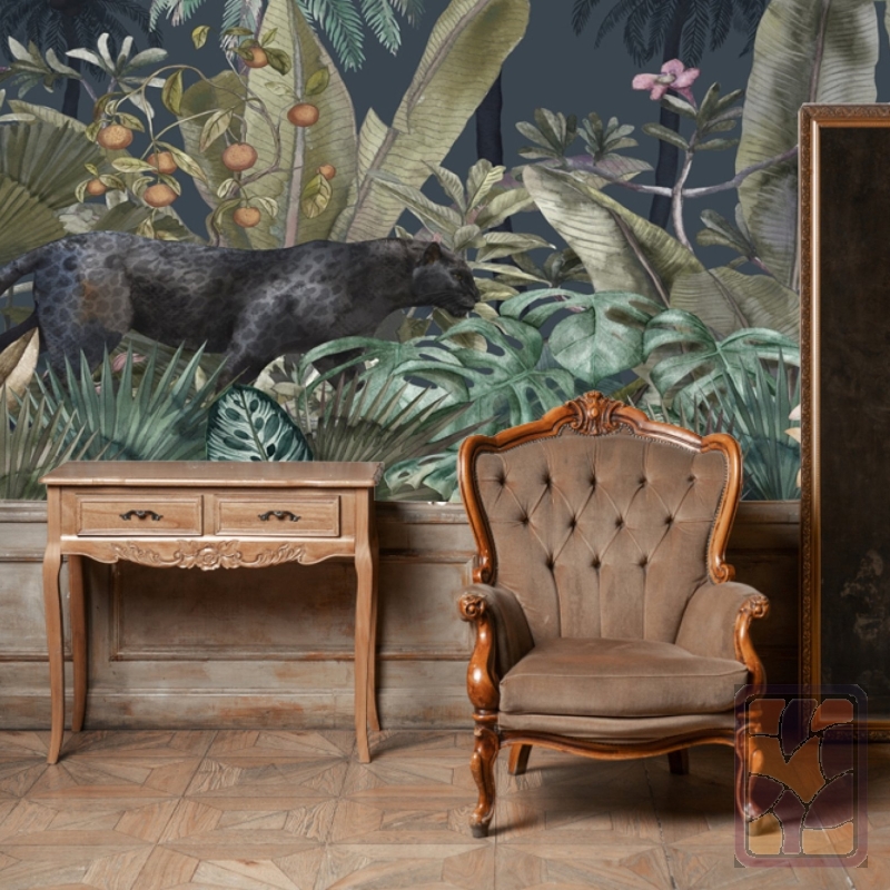 Black panther in the jungle Wallpaper,Tropical Leaves, Removable Wallpaper