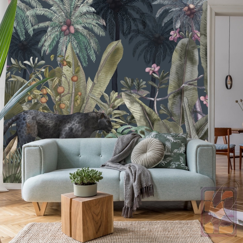 Black panther in the jungle Wallpaper,Tropical Leaves, Removable Wallpaper