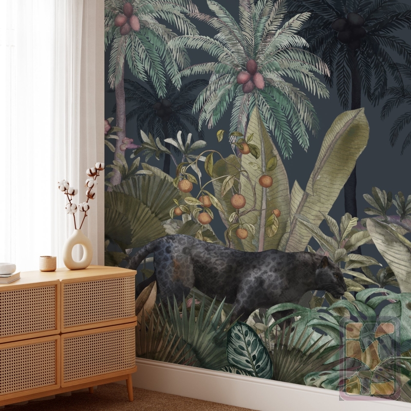 Black panther in the jungle Wallpaper,Tropical Leaves, Removable Wallpaper