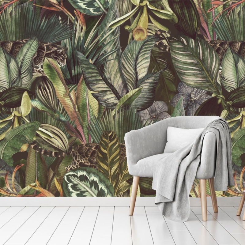 Removable Botanical Vintage Wallpaper, Leaves Wallpaper, Wild Cats