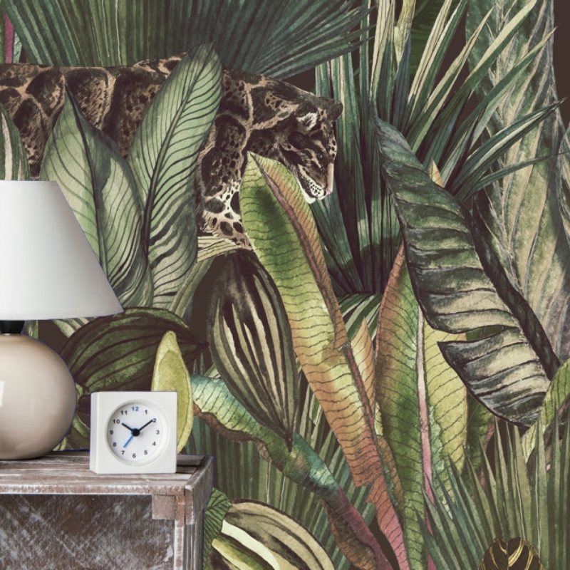 Removable Botanical Vintage Wallpaper, Leaves Wallpaper, Wild Cats