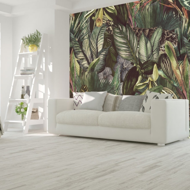 Removable Botanical Vintage Wallpaper, Leaves Wallpaper, Wild Cats