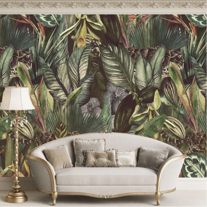 Removable Botanical Vintage Wallpaper, Leaves Wallpaper, Wild Cats
