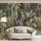 Removable Botanical Vintage Wallpaper, Leaves Wallpaper, Wild Cats