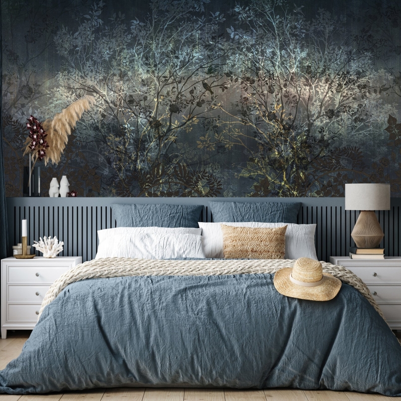 Dark Floral Wallpaper, Peel and stick, Removable Wallpaper, tree Wallpaper