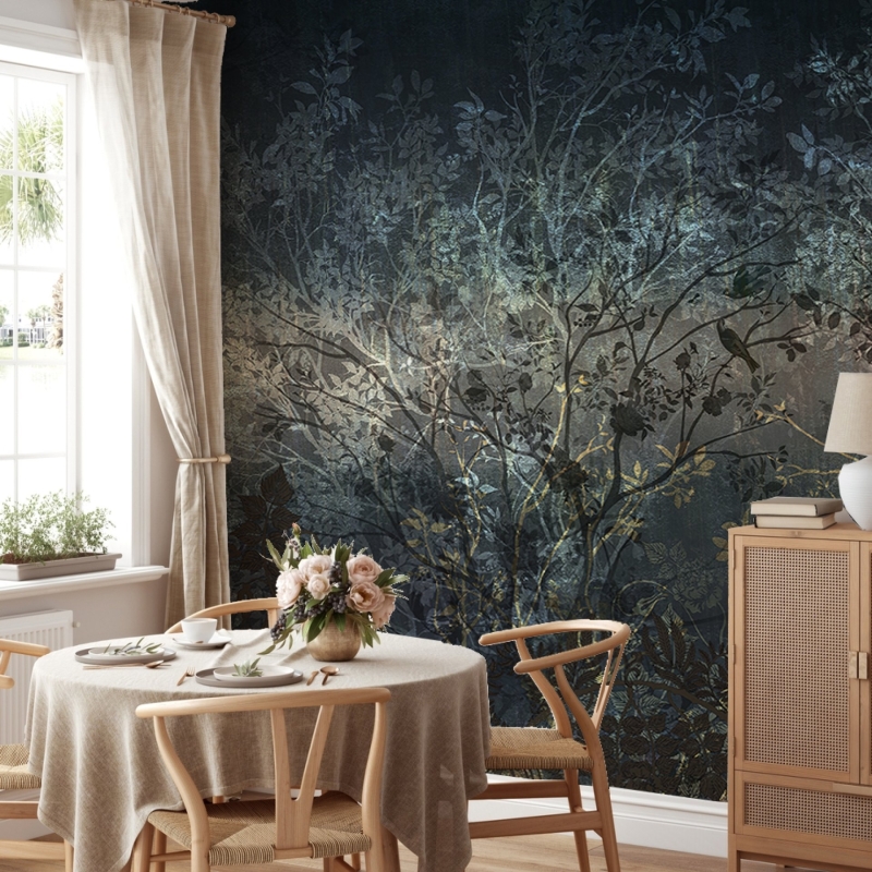 Dark Floral Wallpaper, Peel and stick, Removable Wallpaper, tree Wallpaper