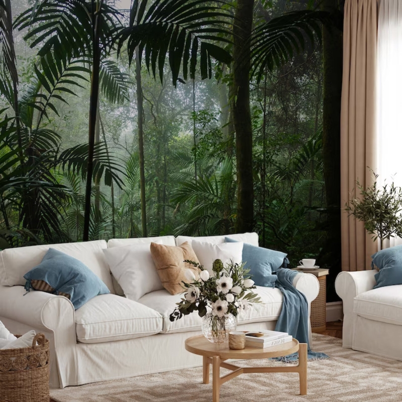 Tropical wallpaper, Forest wallpaper, green tropical leaves, Peel and Stick, temporary wallpaper