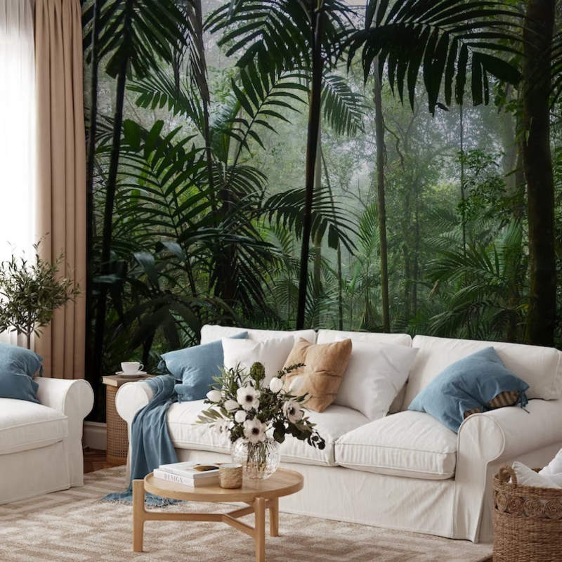 Tropical wallpaper, Forest wallpaper, green tropical leaves, Peel and Stick, temporary wallpaper